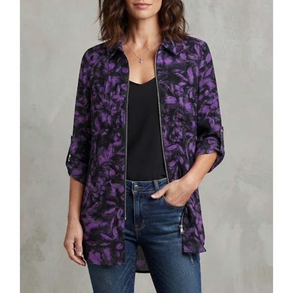 Rock & Republic Womens Purple Black Floral Zip Front Roll Tab Tunic Blouse M